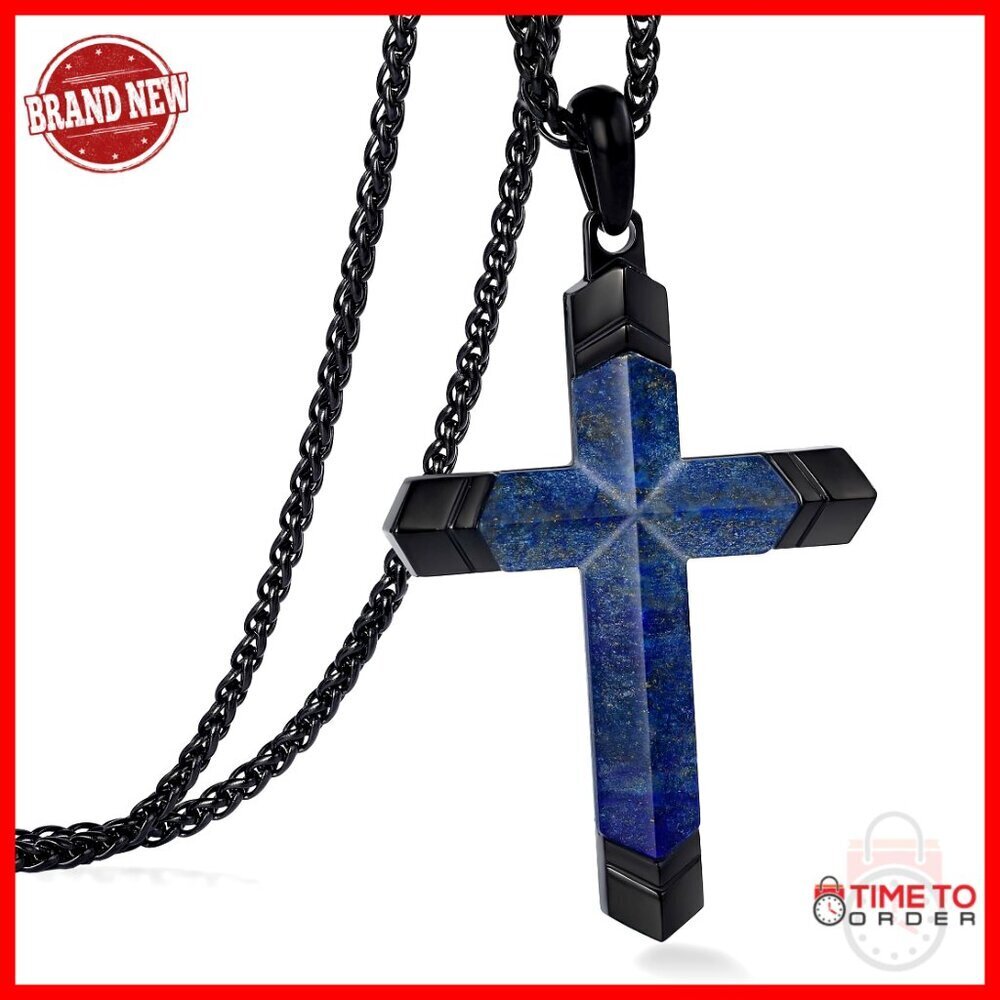 Stainless Steel Adjustable Cross Necklace with Lapis Lazuli Stone
